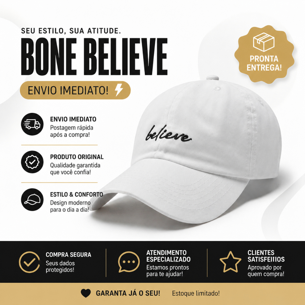 Boné Believe Baseball Aba Curva Premium Unissex Regulagem Fitão (Strapback)