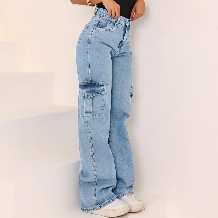 Calça Wide Leg CARGO Jeans Feminina Cintura Alta pantalona