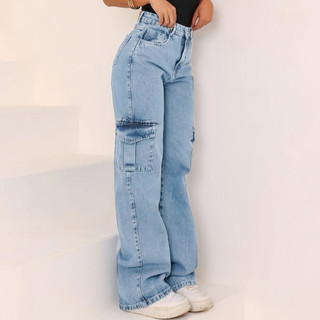 Calça Wide Leg CARGO Jeans Feminina Cintura Alta pantalona