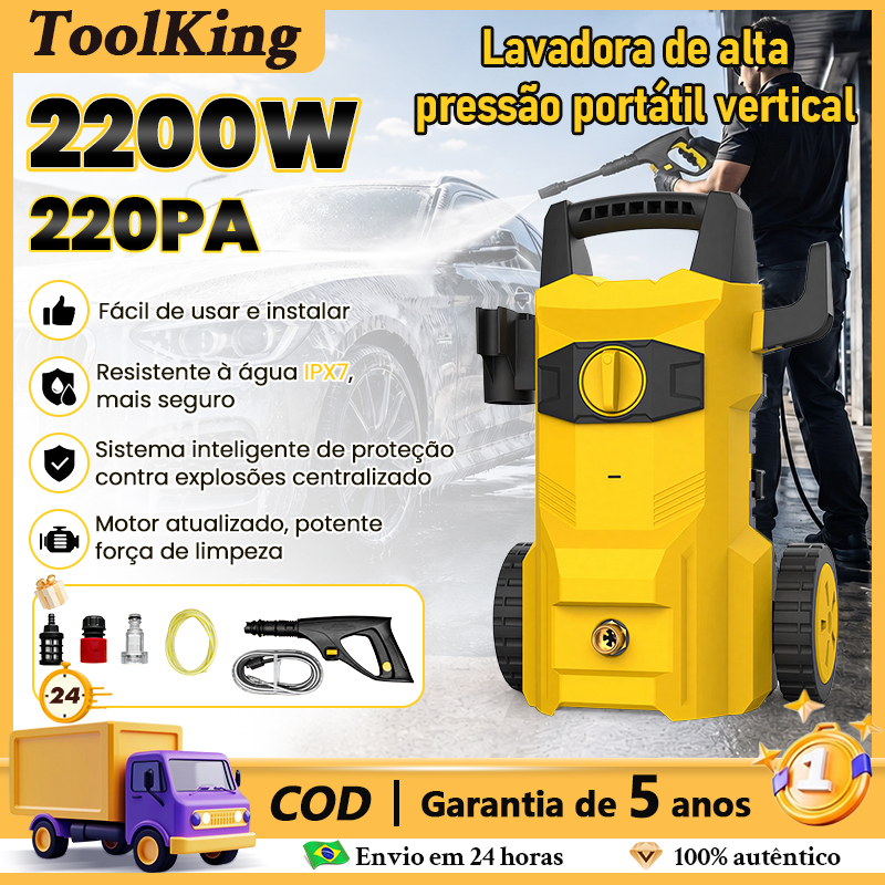 2200W Lavadora De Alta Pressão Portatil 220PA 360/L/H com Mangueira 7m - Ideal para Carros Calçadas e Jardins