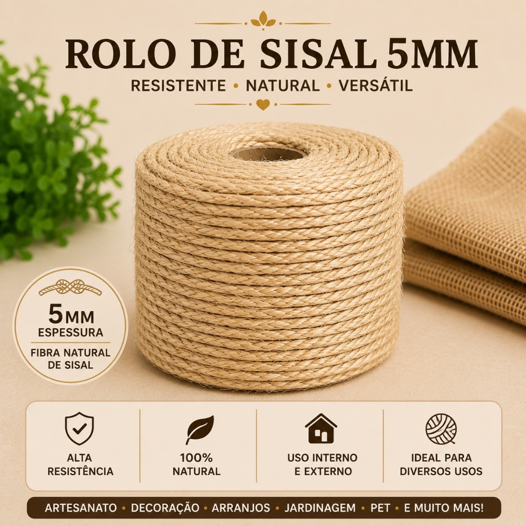 Corda Sisal 5mm até 67 metros Para Artesanato, Arranhadores, Lustres, Varias medidas