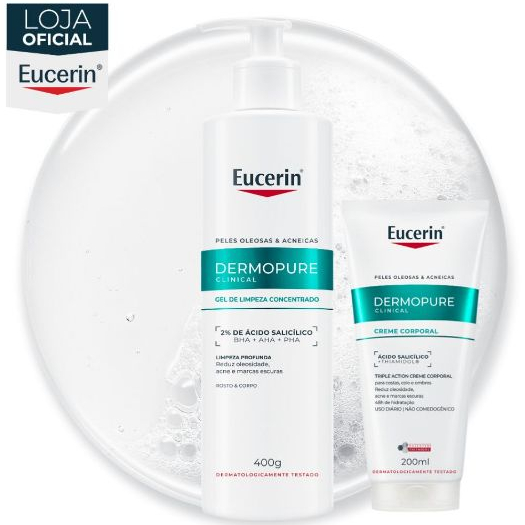 KIT EUCERIN Dermo Pure Gel de Limpeza Facial Antiacne Concentrado 400ml + Dermo Pure Creme Corporal Efeito Triplo 200ml