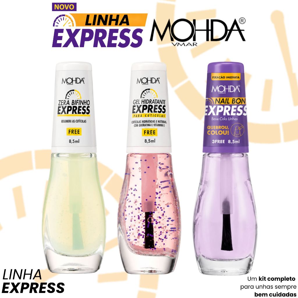 Kit Nail Bond + Zera Bifinho + Gel Hidratante Mohda Express Bases Unha