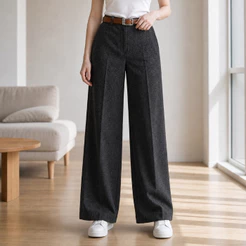 Calca 5103 longa pantalona tecido lã batida com cinto bolso lateral inverno quente