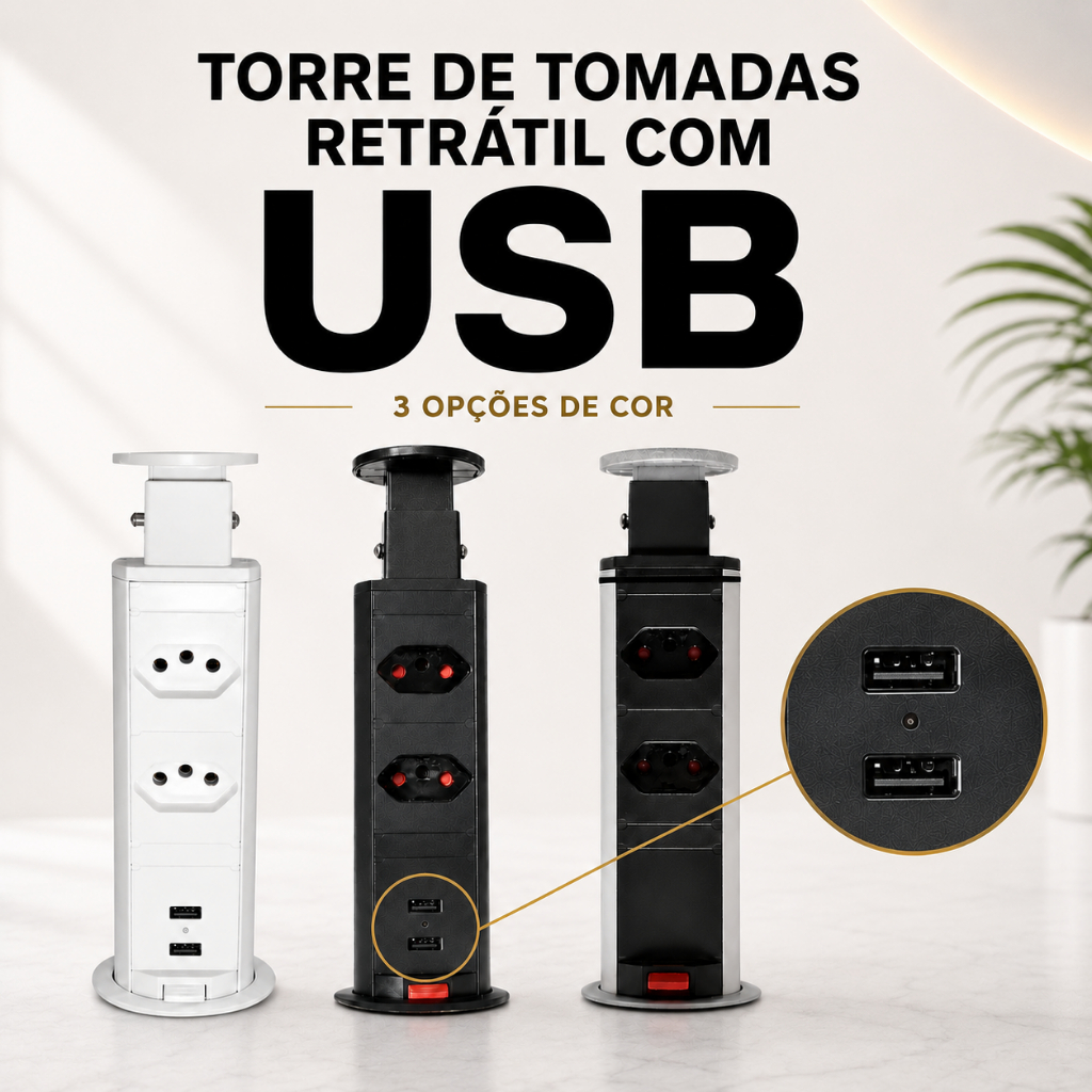 Extensão Torre de Tomada de Embutir c/ USB Retrátil, 2 Tomadas e Cores Modernas Cinza Preto Branco
