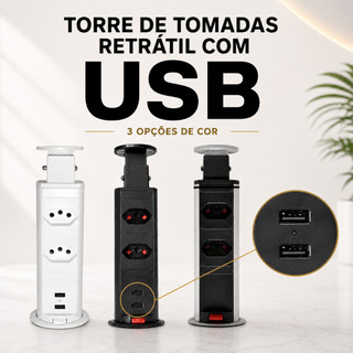 Torre de Tomada de Embutir c/ USB Retrátil e 2 Tomadas,  Cinza, Branco e Preto Extensão
