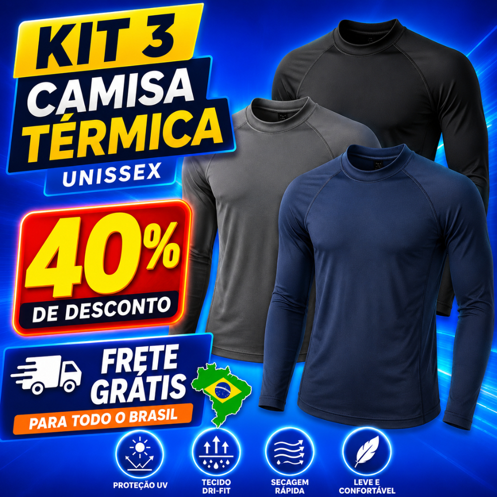 Kit 3 Camisa Térmica Segunda Pele Proteção UV50+ Malha Manga Longa Unissex Academia Esportes DryFit