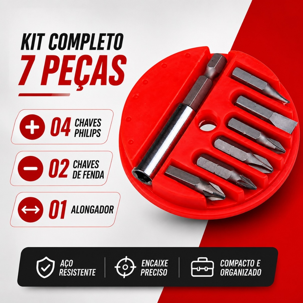 Jogo Bits Ponteira Para Parafusadeira Fenda Philips C/ Adaptador Magnético 7 Peças