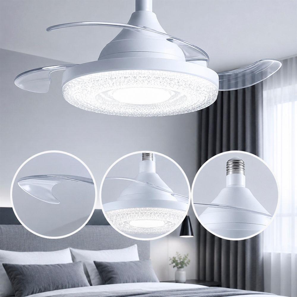 Ventilador de Teto Silencioso 120w Bivolt 3 hélices Retratil Lâmpada de LED 3 cores com Controle