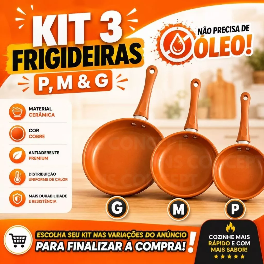Conjunto Frigideiras Antiaderente Revestimento Cerâmico 17CM,21CM,25CM Funda Cobre Não Gruda Dieta Sem Óleo Panela