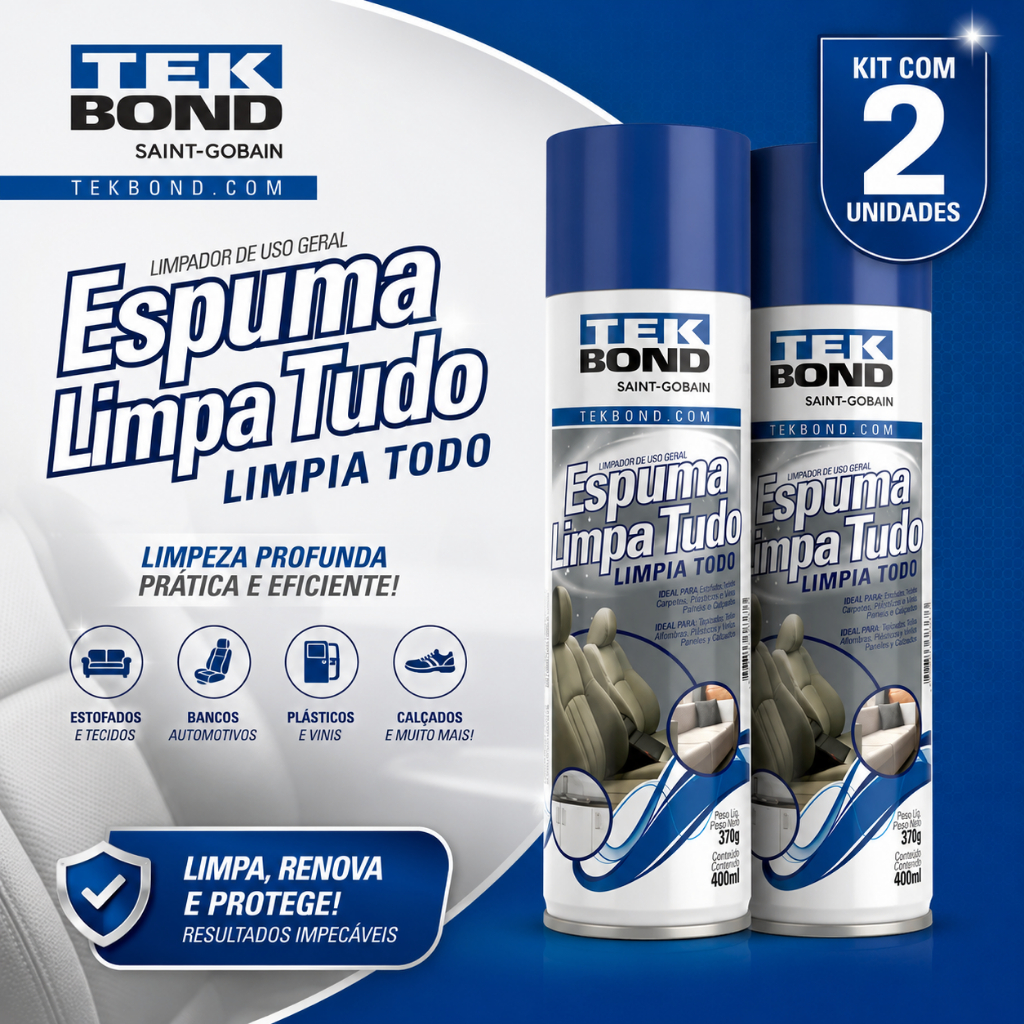 Kit 2 Espuma Limpa Tudo Multiuso 400ml Tekbond Sofá Banco Carro Poltrona Estofados