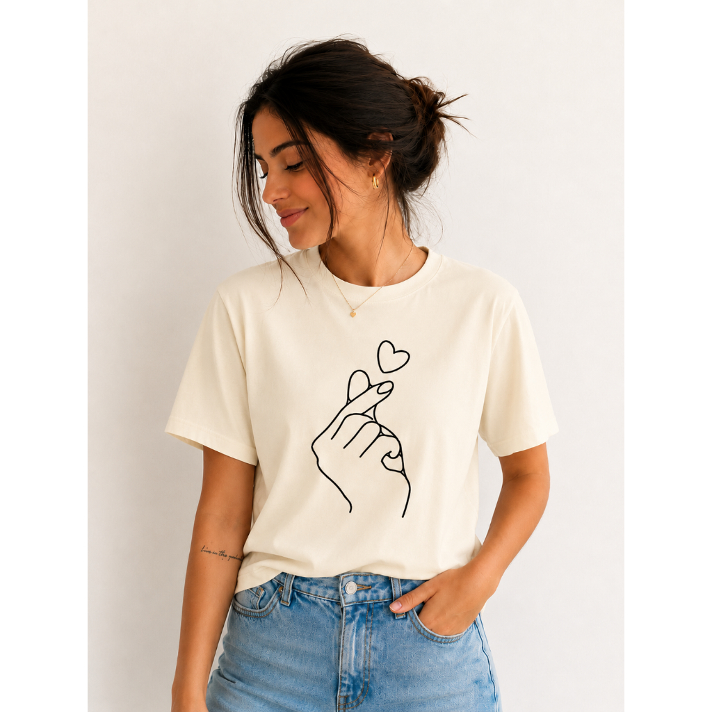 Camiseta Feminina Finger Heart Minimalista Estética Tumblr Casual Premium Presente Namorada