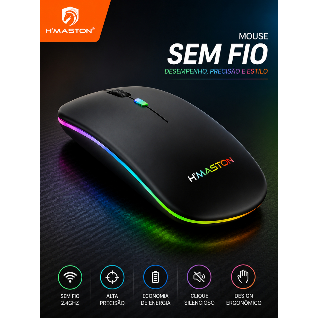 Mouse Sem Fio Recarregável Wireless H'maston Ergonômico Silencioso