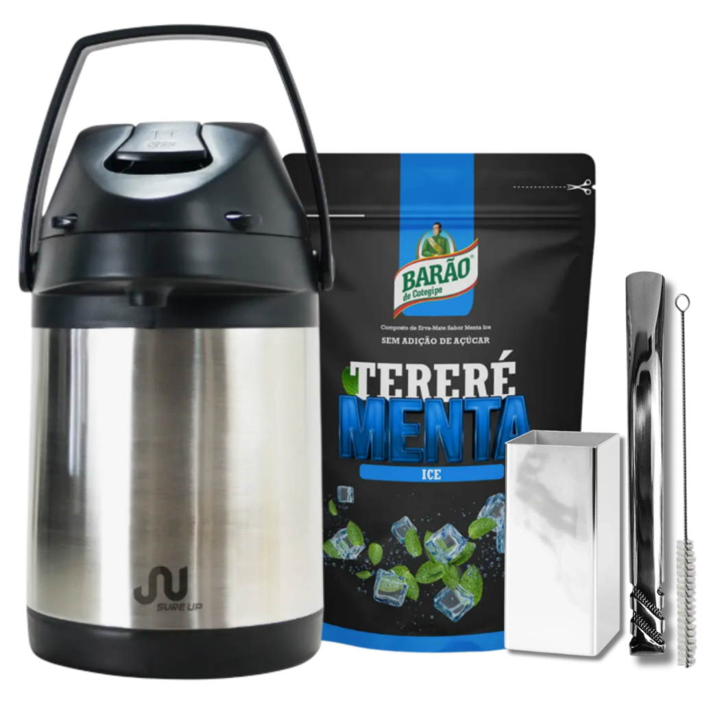 KIT Inox Garrafa Térmica 3 litros Inox + Copo Quadrado Inox + Bomba v6 + Erva Barao