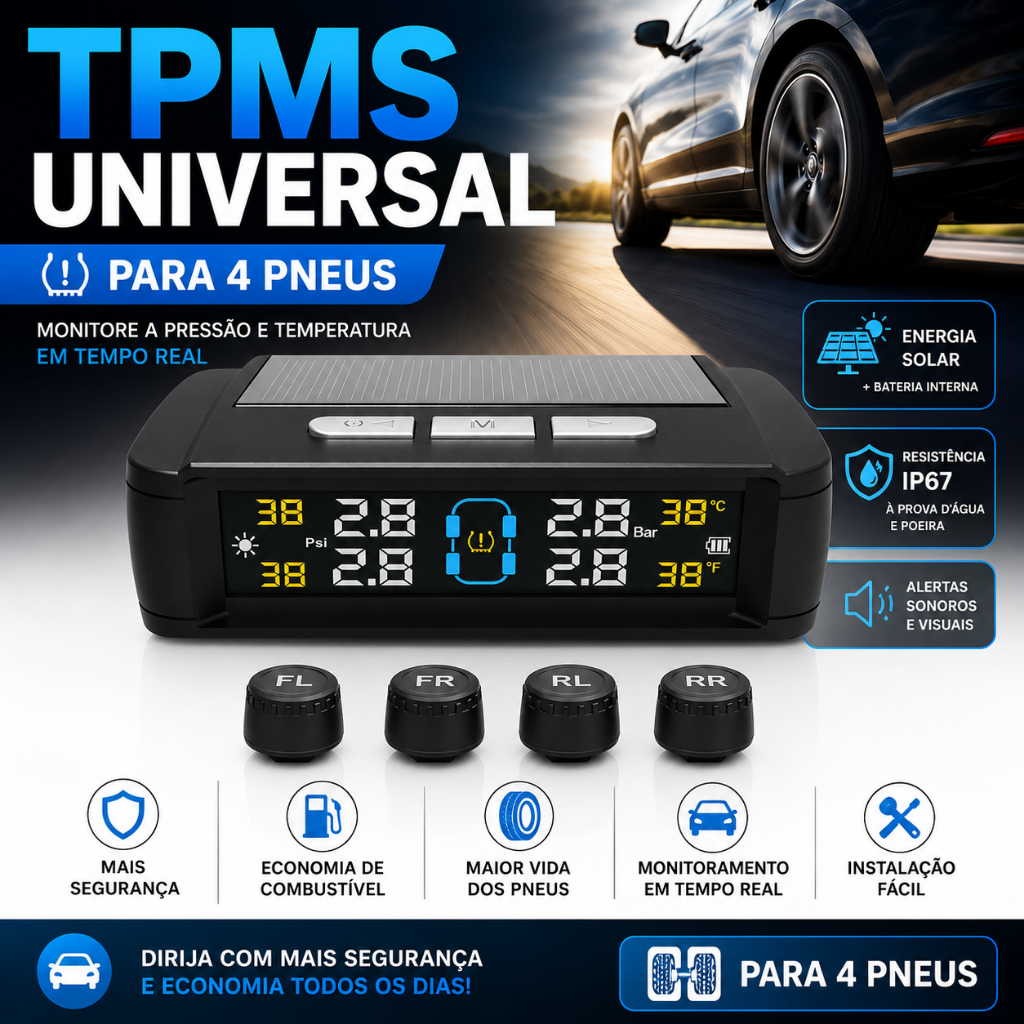 Sensor TPMS 4 Rodas Universal - Instalação Fácil sem Remover Pneus + Monitoramento em Tempo Real