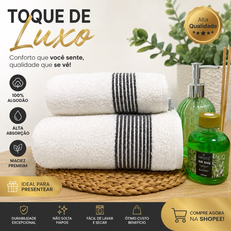 Kit Presente Luxo: Toalhas Banho e Rosto 100% Algodão + Difusor de Varetas + Porta Sabonete