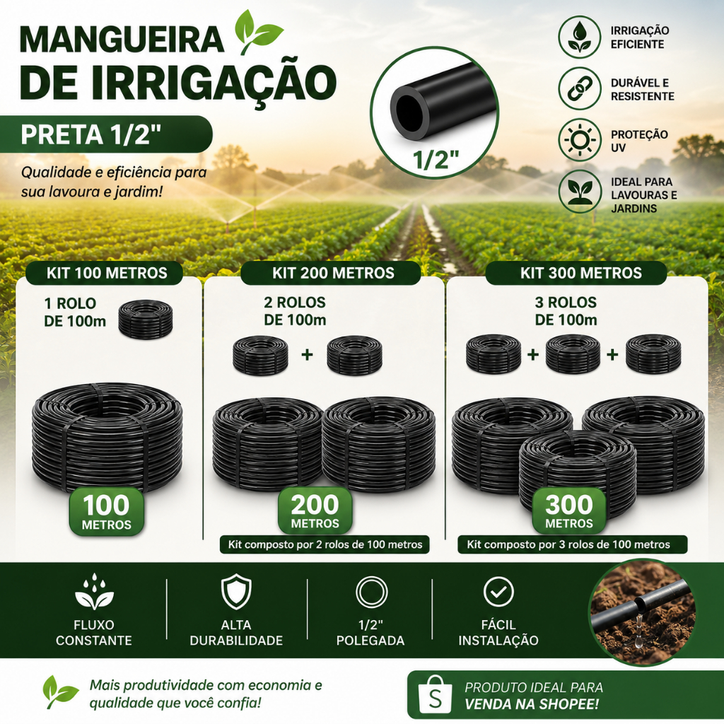 Mangueira Tubo Irrigação Preta 1/2 Polegada Polietileno 100,200 e 300 Metros.Gotejamento, Pomares e uso Residencial