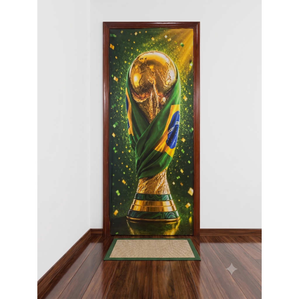 Capa Porta Decorativa Copa Do Brasil Taça Ouro Enfeite Torcida Painel Tecido Sublimado Efeito 3D Lavavel