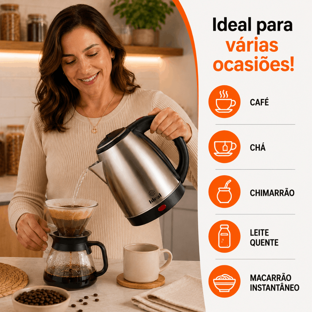Chaleira Elétrica Inox 1.8Litros  Aquecimento Rápido Preparo Chá Café Bebidas Quentes Esquenta Rápido