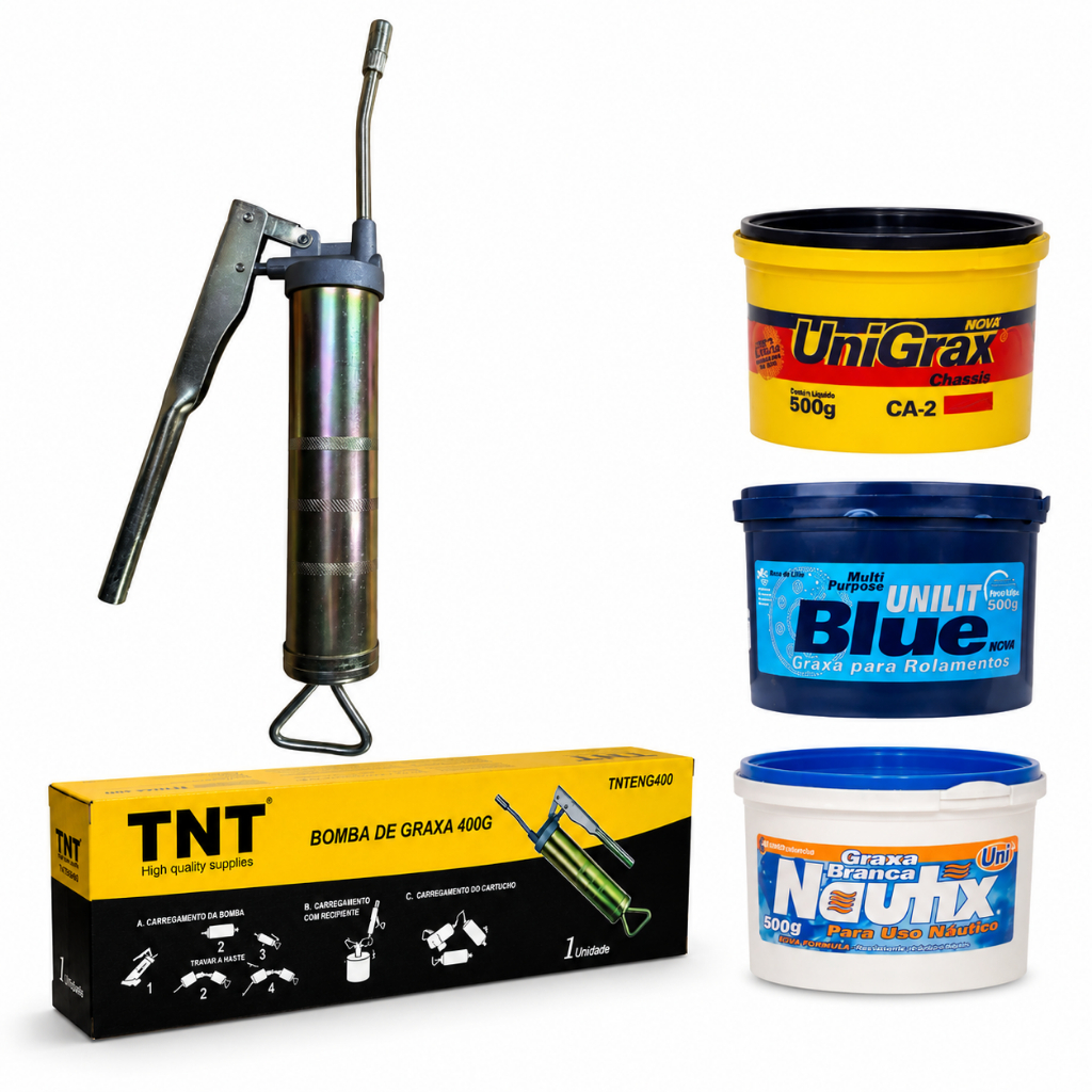 Kit Engraxadeira TNT Manual com Reservatório para 400g + 500g de Graxa Branca, Comum ou de Rolamento