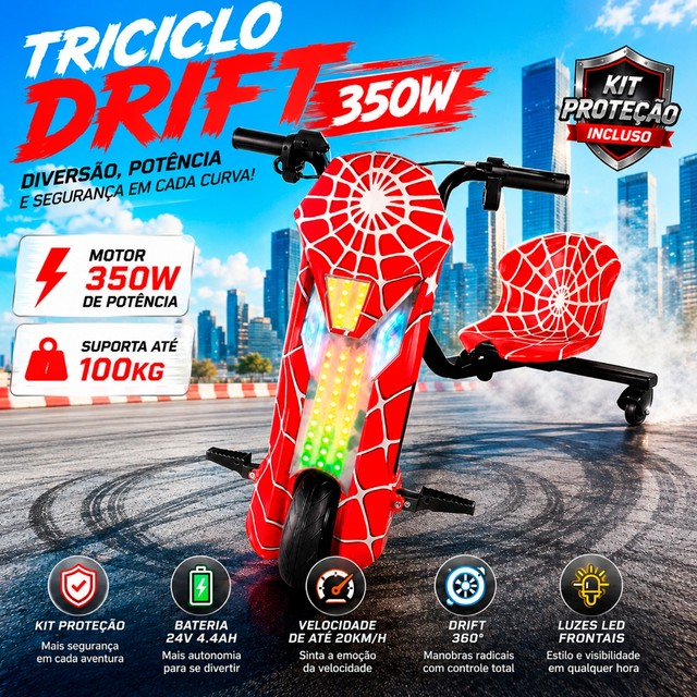 Triciclo Drift Elétrico 8"Polegadas 350W Infantil/Adultos Bluetooth LED Suporta 100kg + Kit Proteção