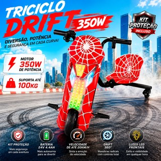 Triciclo Drift Elétrico 8"Polegadas 350W Infantil/Adultos Bluetooth LED Suporta 100kg + Kit Proteção