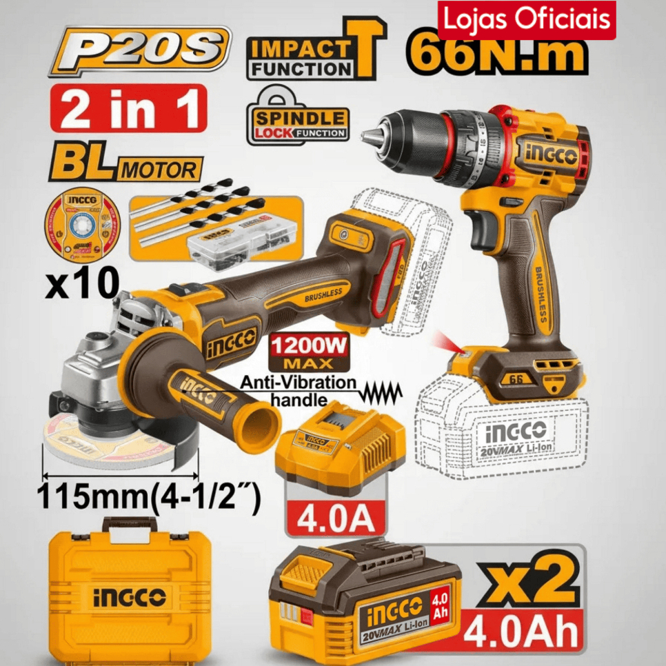 Imagem de Kit Combo Parafusadeira Impacto E Esmerilhadeira 20V Brushless Ingco Maleta + 2x Bateria + 10 Disco