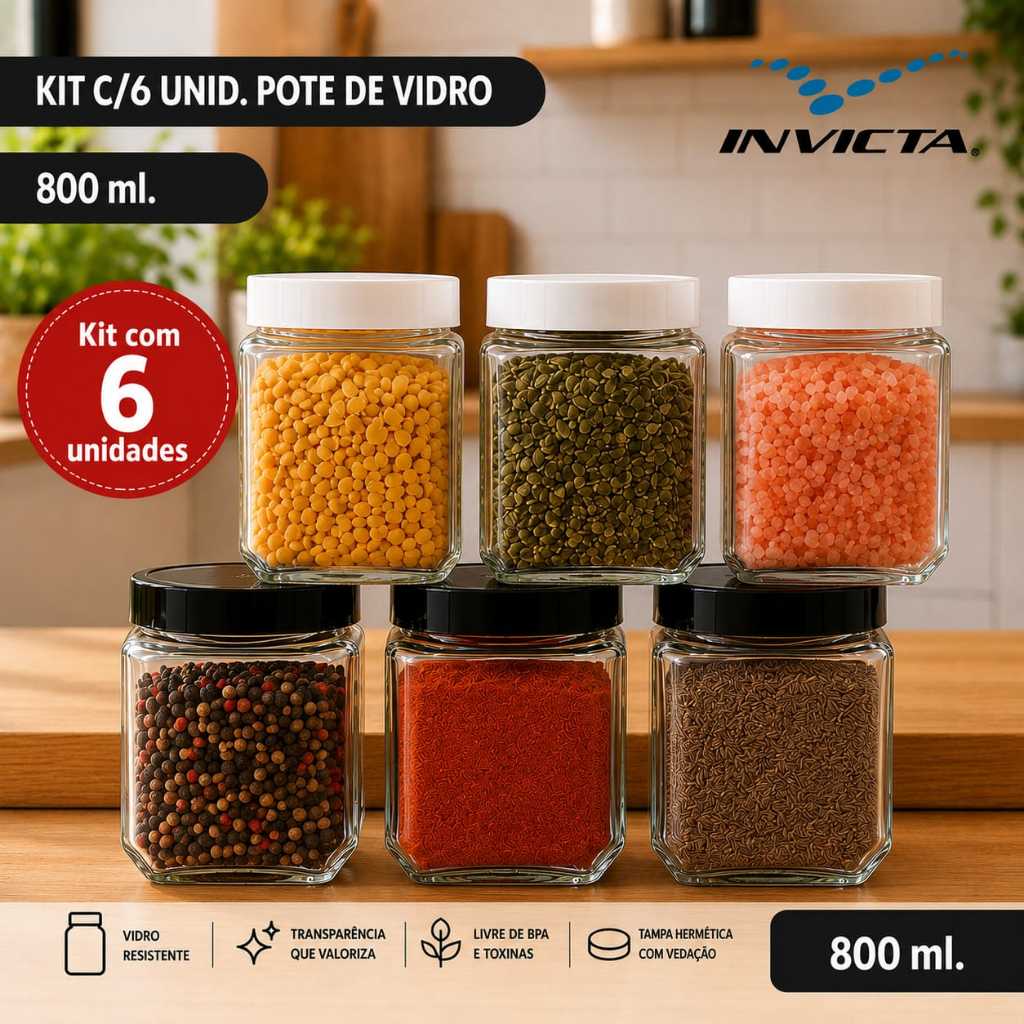 Kit c/6 Pote Vidro 800ml Quadrado Tampa Rosca Color Invicta