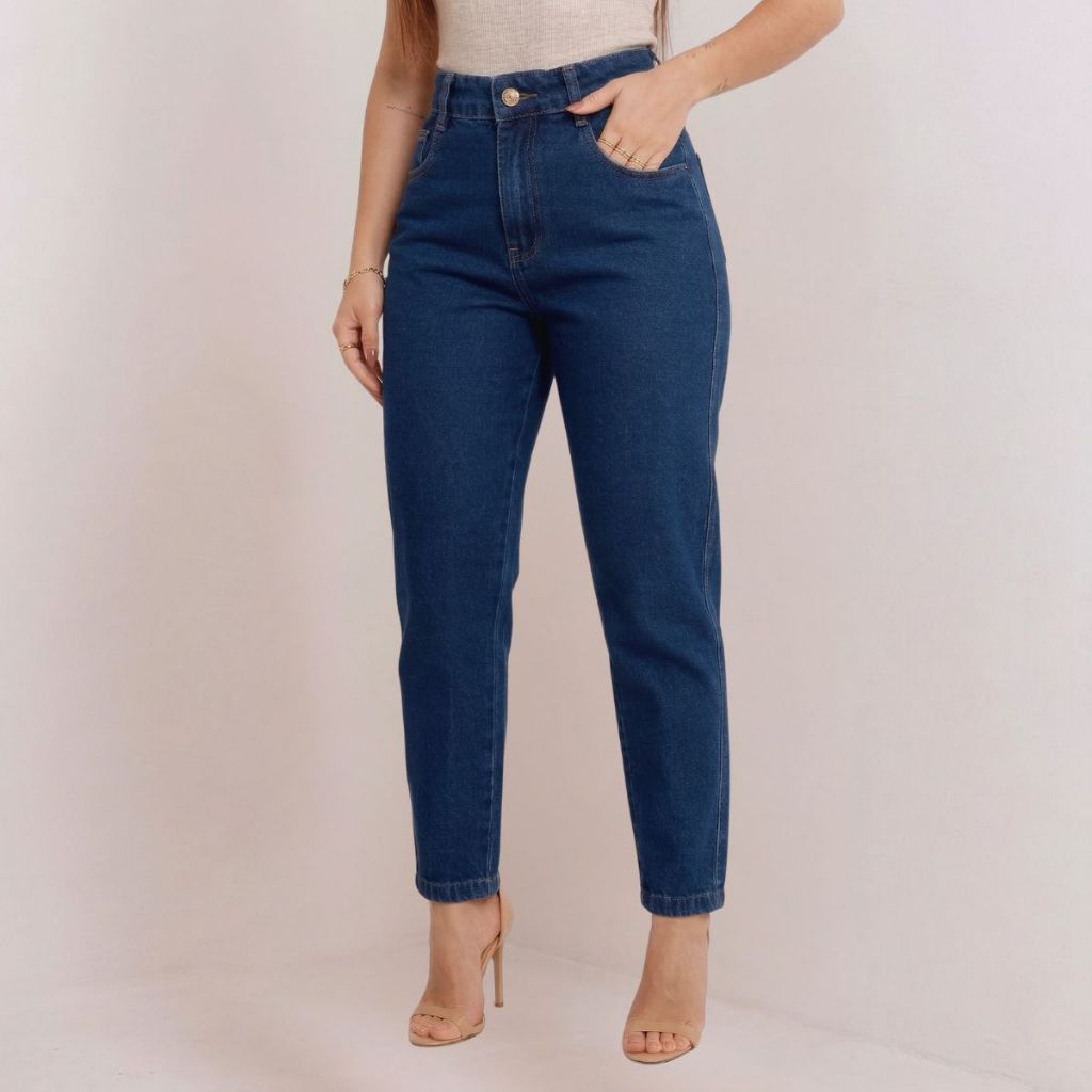 Calça MOM JEANS Feminina Cintura Alta Azul Escura Tecido Premium Encorpado