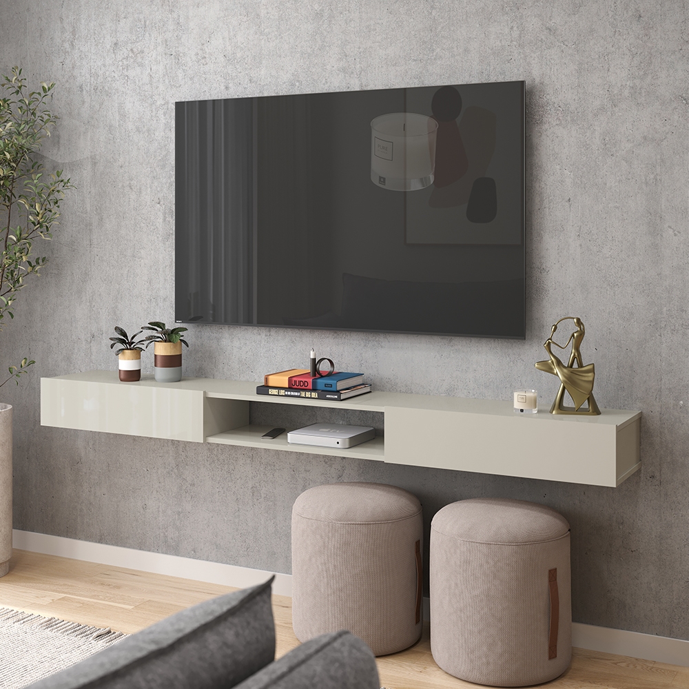 Rack Suspenso com 1,6m para tv até 60 polegadas Estante rack aéreo cores off white e amadeirado