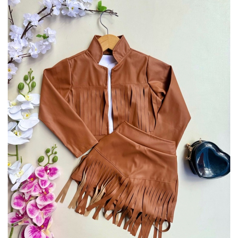 Conjunto feminino Infantil Boiadeira saia e Jaqueta de couro corino Ana Castela Franjas Moda Country
