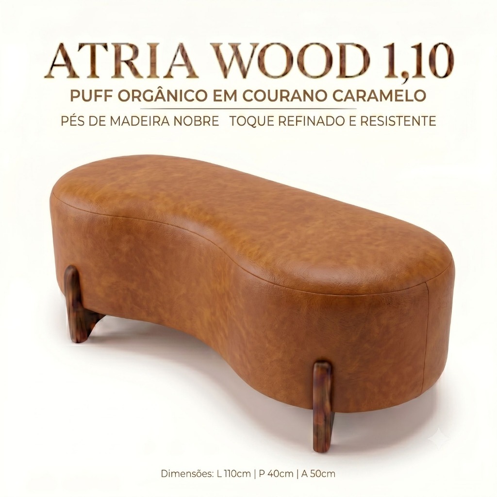 Puff Atria Wood 1,10m em Corano Caramelo Premium • Design Orgânico Contemporâneo • Sofisticação e Exclusividade