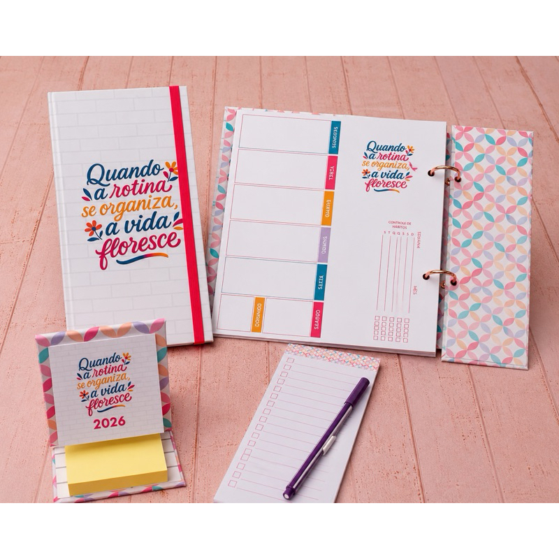 Kit Organização Planner Semanal + Bloco de Tarefas + Calendário 2026 Fofo e Funcional