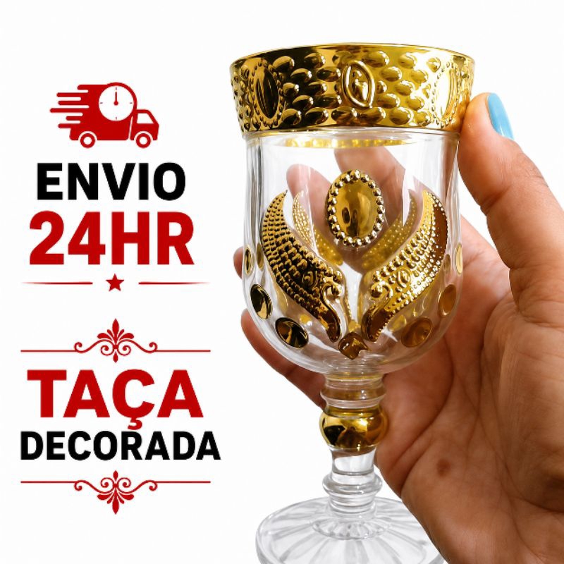 TAÇA DECORADA POMBA GIRA, CIGANA, DOURADA