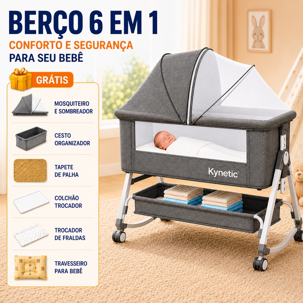 Kynetic Berço Balanço Portátil Moisés Altura Ajustável Co-bed Com Mosquiteiro e Cesto Para Bebês Até 4 Anos