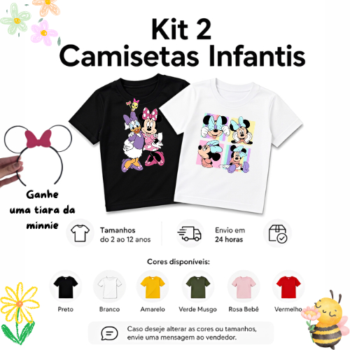 Kit 2 Camisetas Infantis Minnie Mouse Menina Algodão 100% Conjunto Infantil Roupa Feminina Personagem Disney Moda Infant