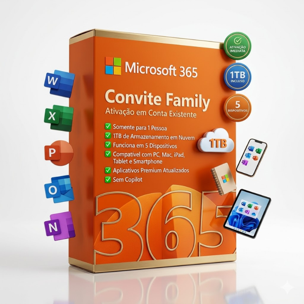 Microsoft Office 365 Convite Family 2026 | Ipad/Tablet/Pc/Mac 1TB - 1 Usuário Assinatura Anual