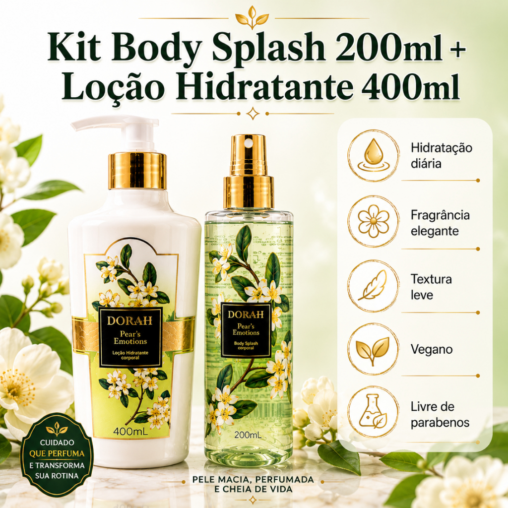 Kit Body Splash + Loção Hidratante Dorah Pear’s Emotions Luxo Vegano