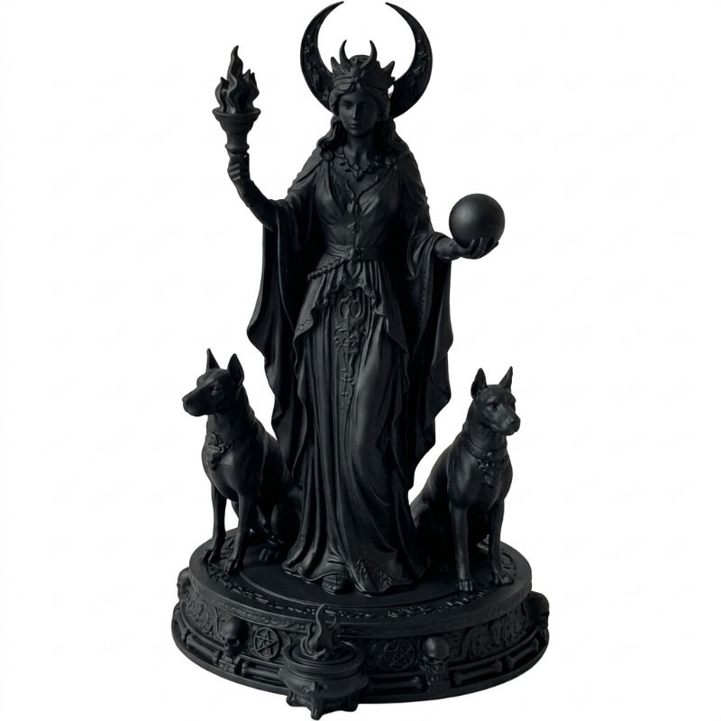 Estátua Deusa Hécate Com Tocha e Cães - Escultura Deusa da Magia Encruzilhadas Altar Wicca Esotérica 3D Premium