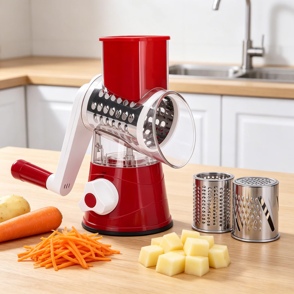 Ralador Fatiador de Mesa, 3 Lâminas Inox Giratório para Legumes Cozinha U11