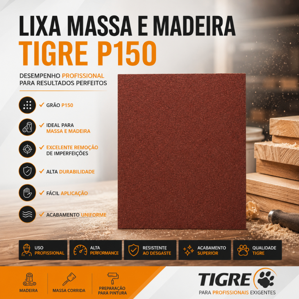 Lixa Tigre 800 P150 – Para Massa Corrida, Madeira, Gesso e MDF – Acabamento Fino com Alta Qualidade