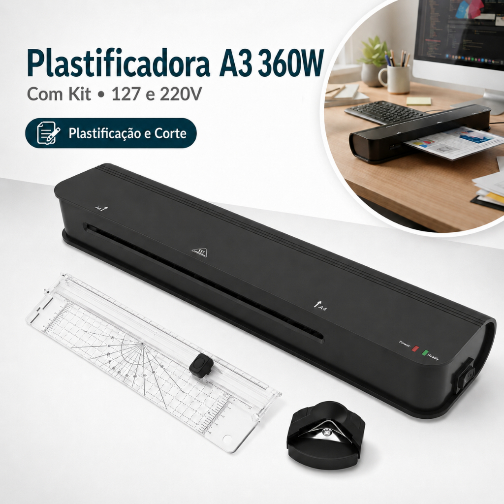 Plastificadora A3 A4 A5 360w C/ Kit Guilhotina Escritório 127/220V Preta Importway