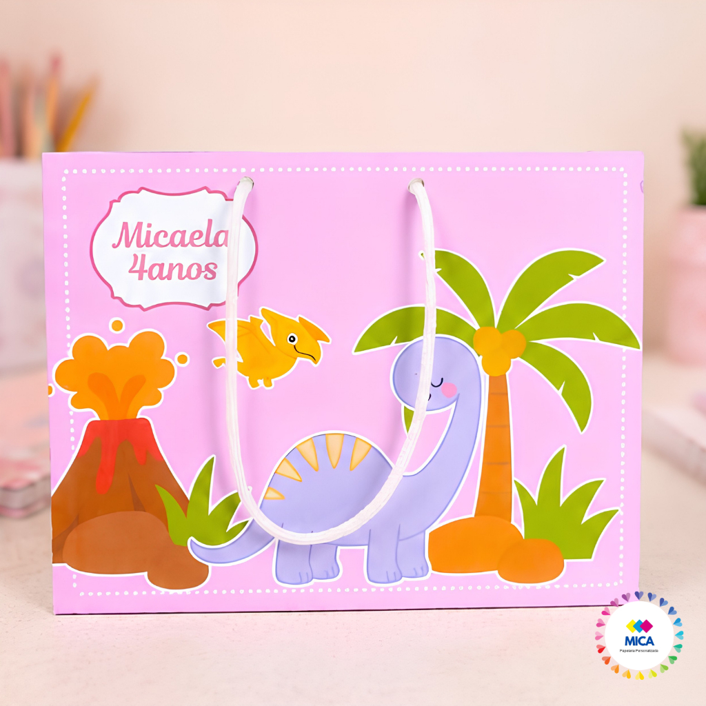 Sacolinha dinossauro Menina Personalizada Festa Infantil Tamanho G 20x16x6cm Lembrancinha