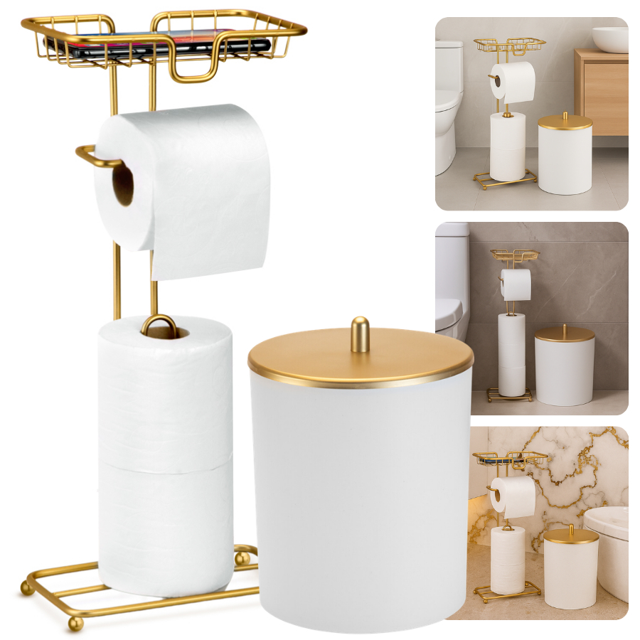 Kit Acessórios Banheiro Lavabo Dourado Lixeira 5 Litros Porta Papel Higiênico