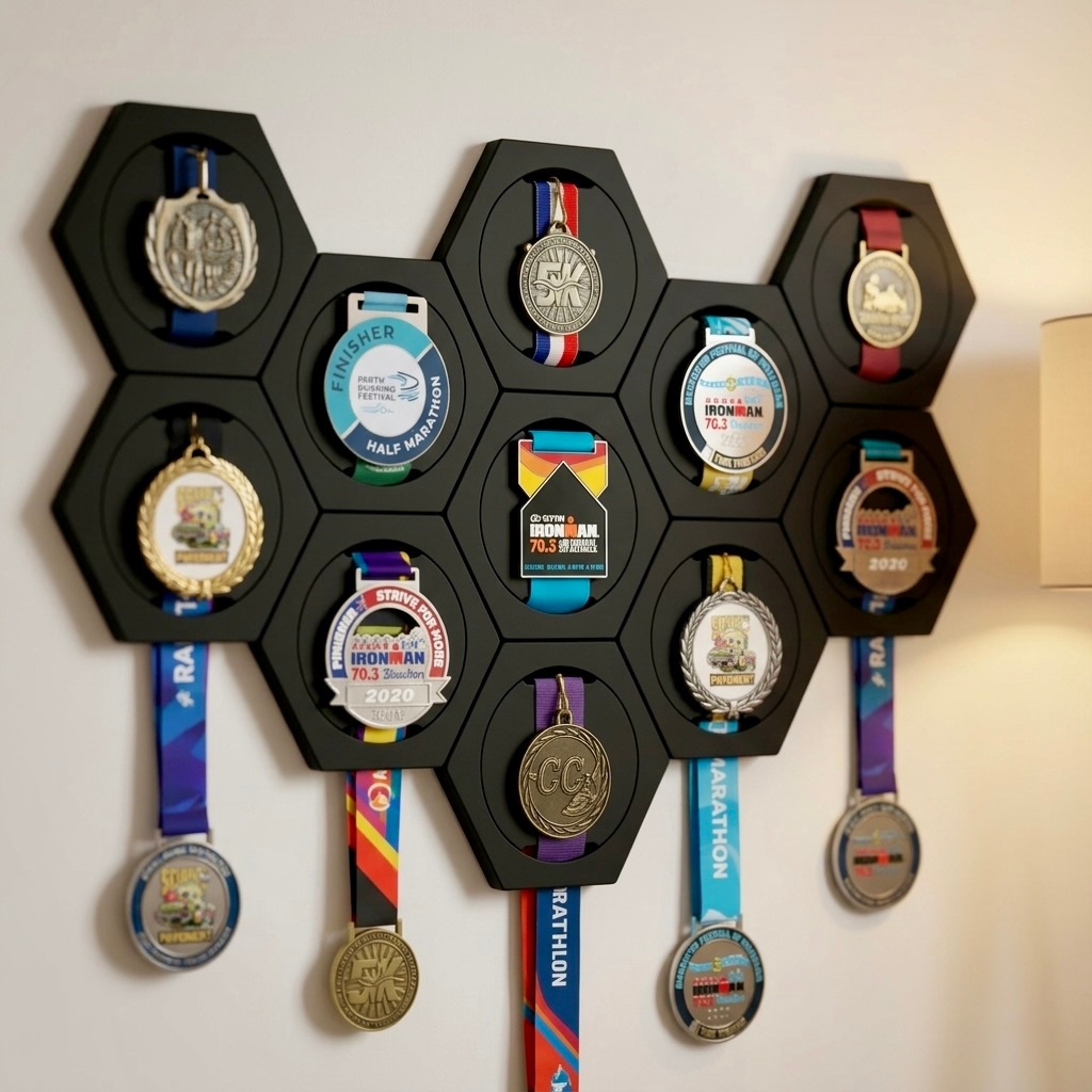 Porta Medalhas Hexagonal Modular Kit Parede Colméia Corrida Bike Futebol Suporte Expositor Preto Branco Bege Marrom