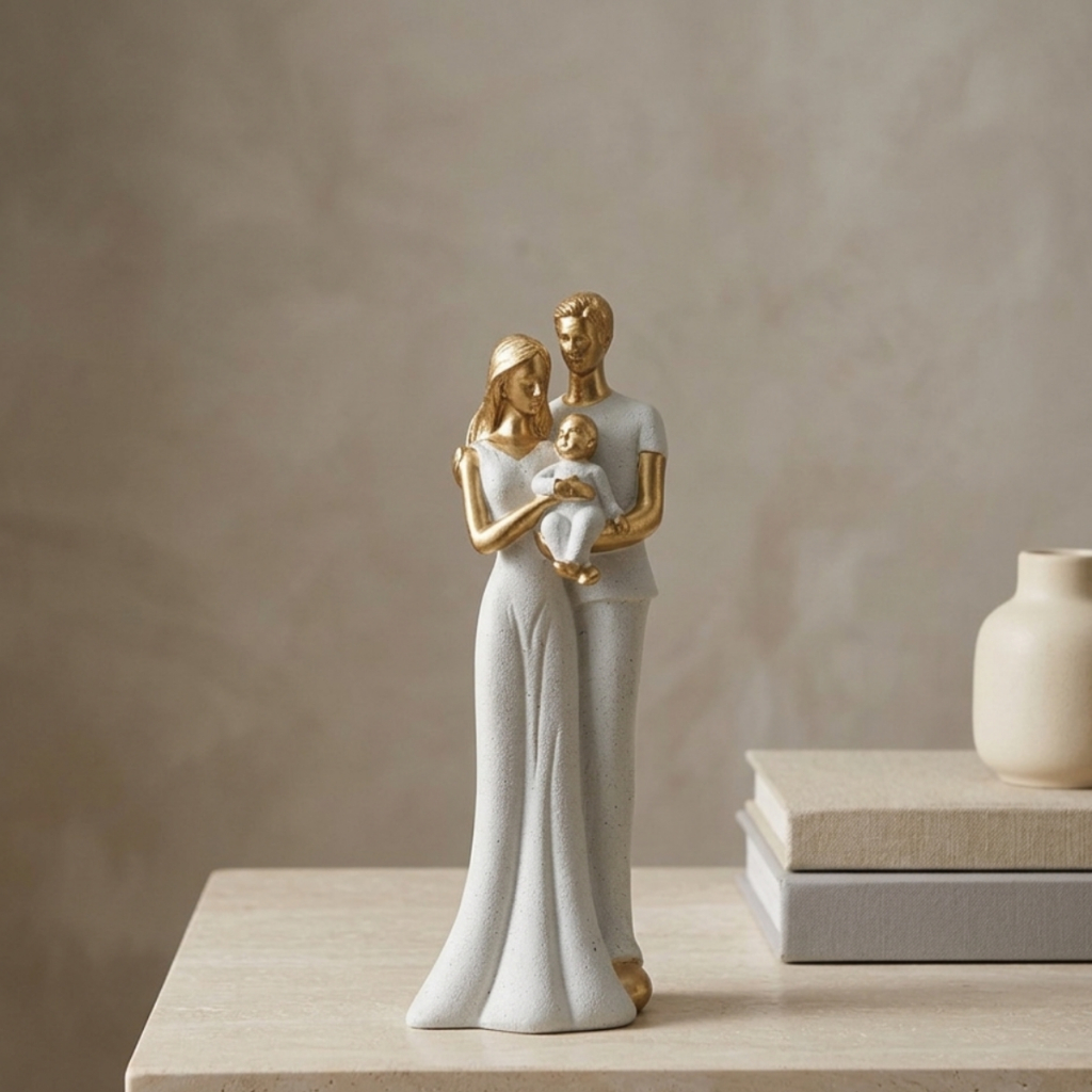 Enfeite Estatua Casal Com Bebe Em Gesso Granito Dourado Escultura Família Com Bebe 27 Cm Presente Maternidade Chá Bebe
