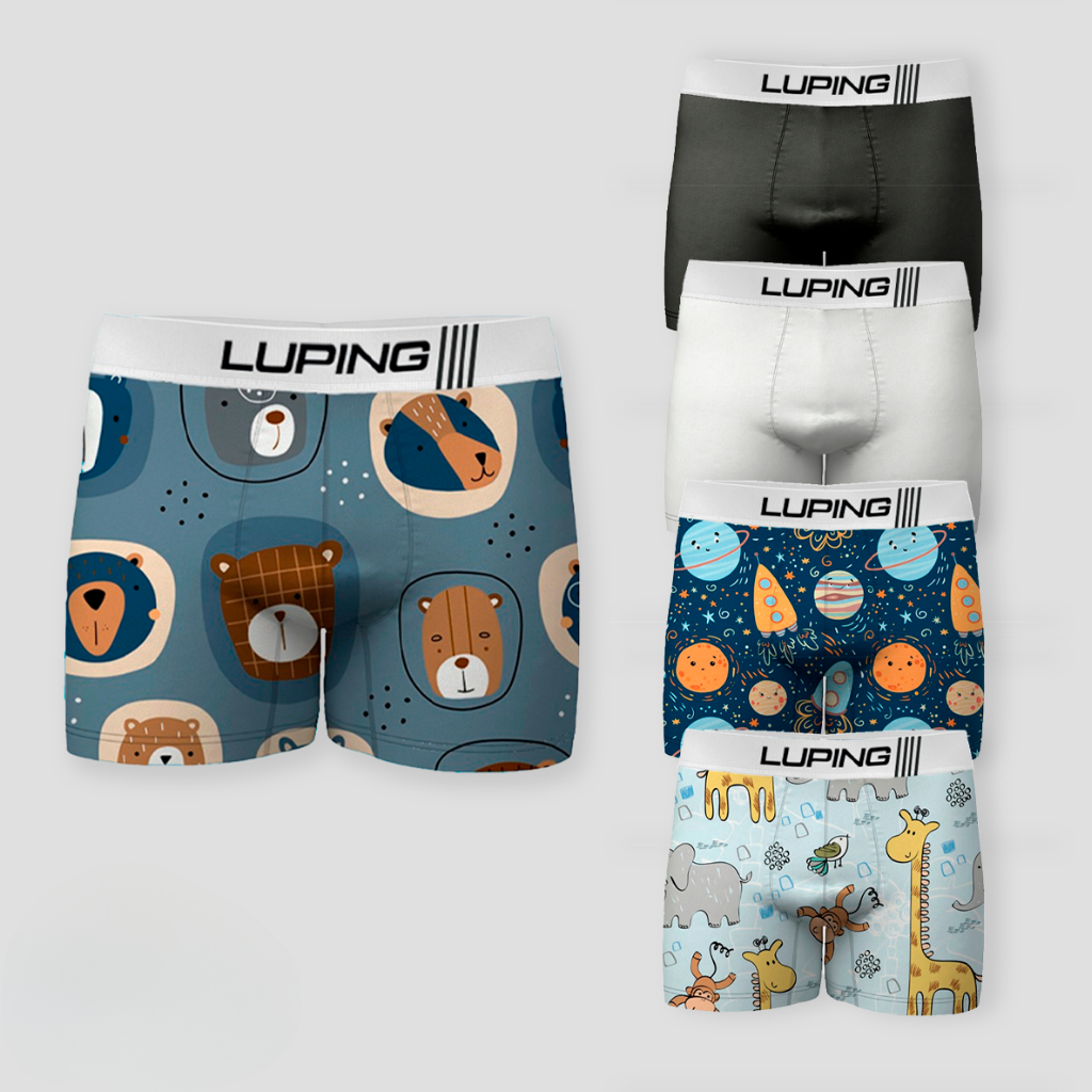Kit 5 Cuecas Boxer Shortinho Infantil Meninos Juvenil Lisas e Estampadas Sortidas com Forro 100% Algodão