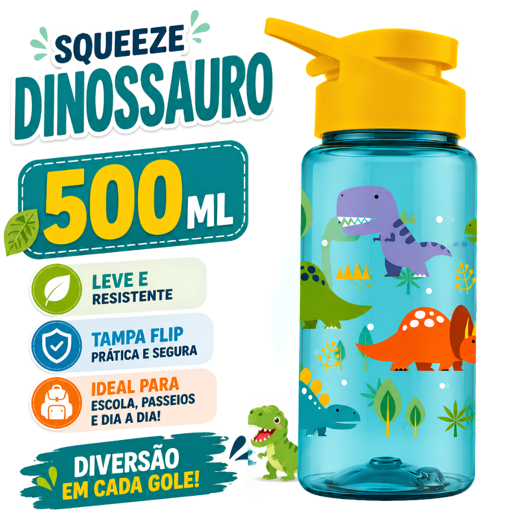 Garrafa De água Plástico Livre de BPA Dinossauro 500Ml Escola Escolinha