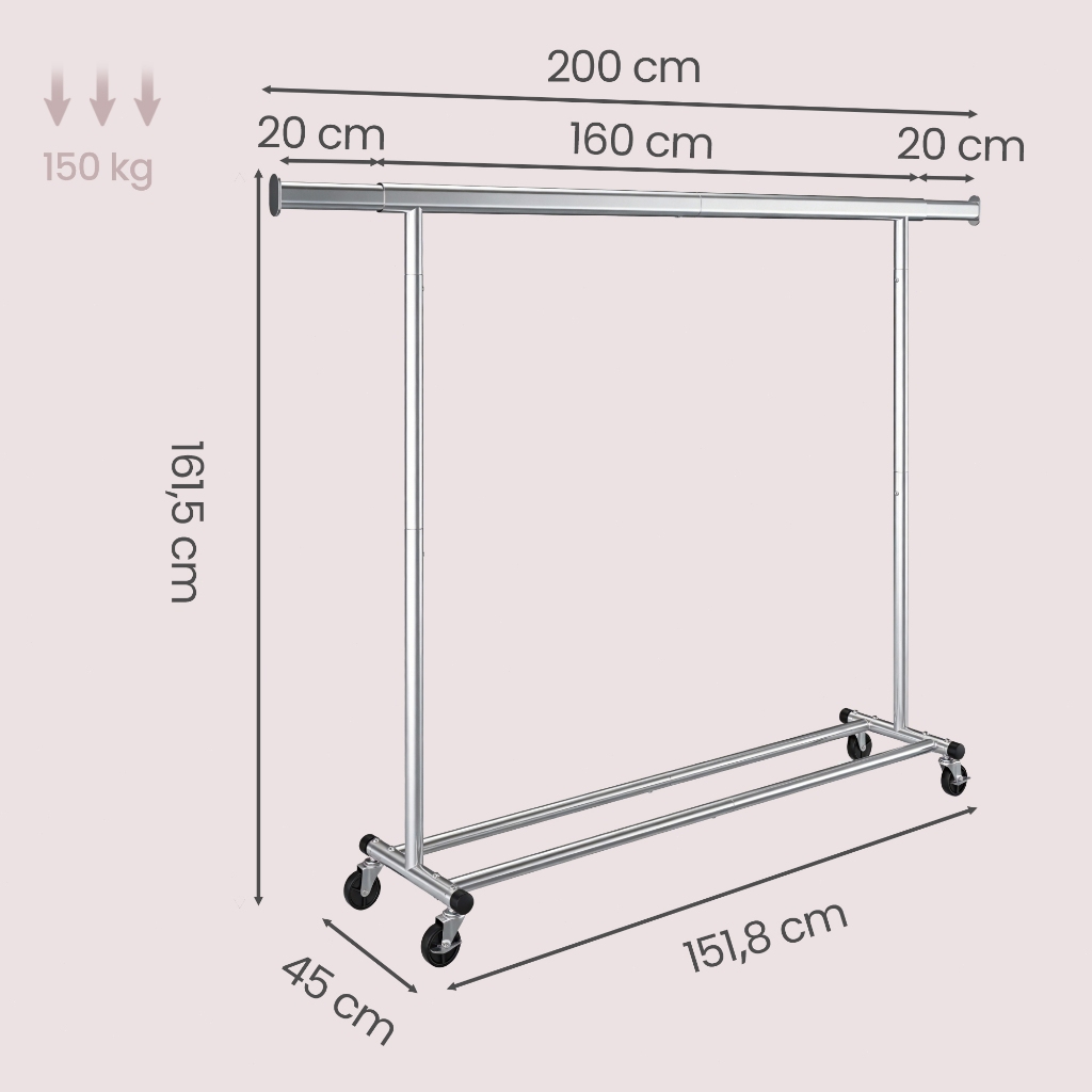 SONGMICS Arara de Roupas Portátil com Rodas, Cabideiro Extensível para Quarto, Suporte Resistente, Prata, 150 kg — imagem 2 de 2