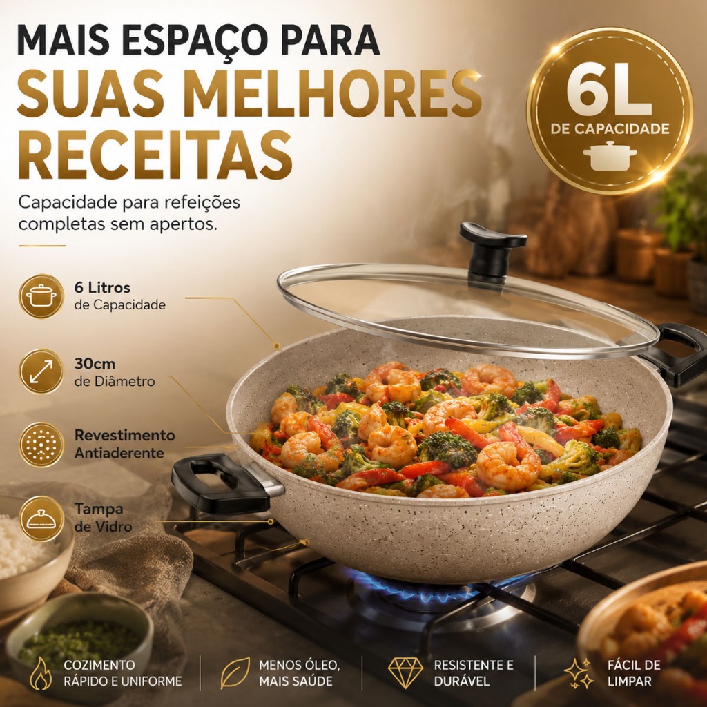 Frigideira Wok com Tampa 30cm Grande Alta Antiaderente Teflon de Vidro Caçarola paella paelleira — imagem 2 de 2